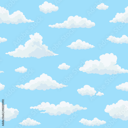 Cloud vector seamless pattern. White clouds on blue sky. Repeat print. 