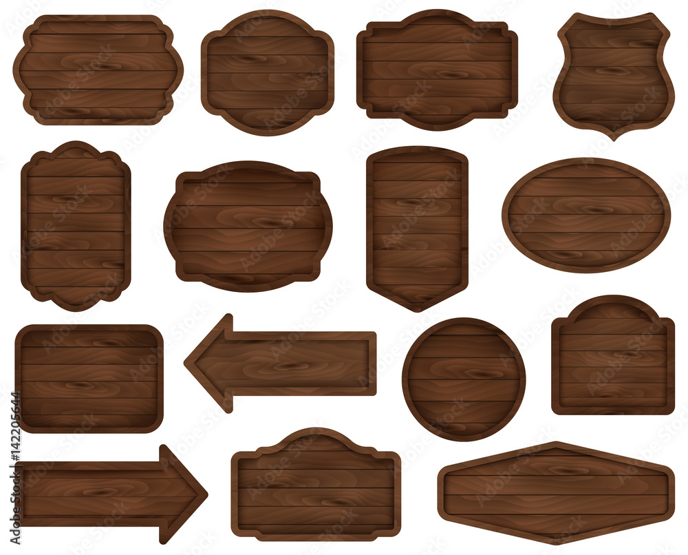 Wooden stickers, label collection. Set №4 of various shapes wooden dark sign boards for sale, price and discount banners, badges isolated on white background. Vector realistic illustration. Wooden stickers, label collection. Set №4 of various shapes wooden dark sign boards for sale, price and discount banners, badges isolated on white background. Vector realistic illustration.