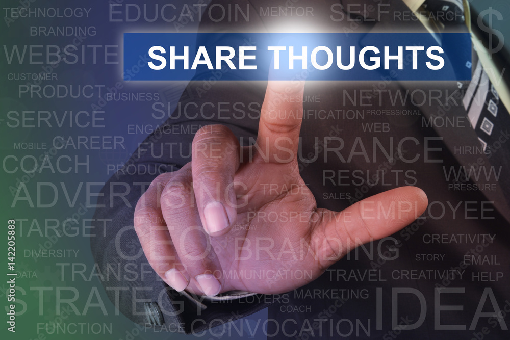 Businessman touching SHARE THOUGHTS button on virtual screen Businessman touching SHARE THOUGHTS button on virtual screen