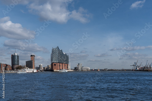 Hamburg harbor panorama with the river Elbe and the Elbphilharmonie opera house.