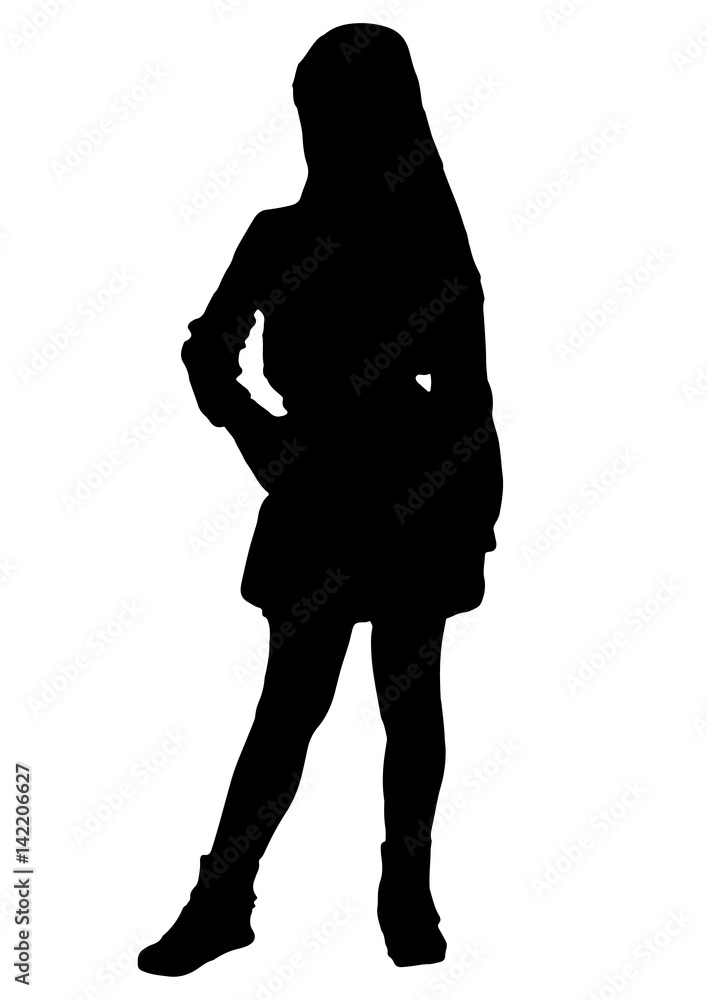 Silhouette of little girl posing in dress vector black Stock Vector ...