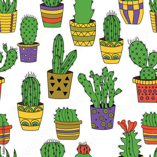 Hand drawn vector seamless pattern with cute colourful cactuses. photo