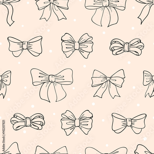 Seamless bow pattern on pink background. Hand drawn ribbons and bows vector illustration. © Afanasia
