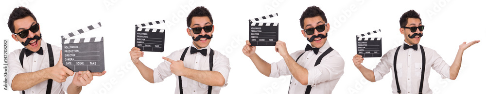 Funny with movie clapper isolated on white Funny with movie clapper isolated on white