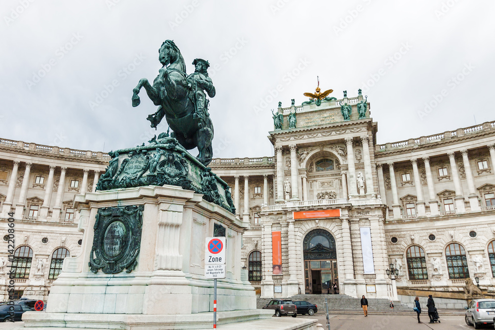 Equestrian memorial of Prince Eugene of Savoy (Prinz Eugen von Savoyen) in front of Hofburg palace, Heldenplatz, Vienna, Austria.
