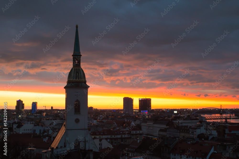 Bratislava, Slovakia - March 19, 2017: Panoramic city view at sunset