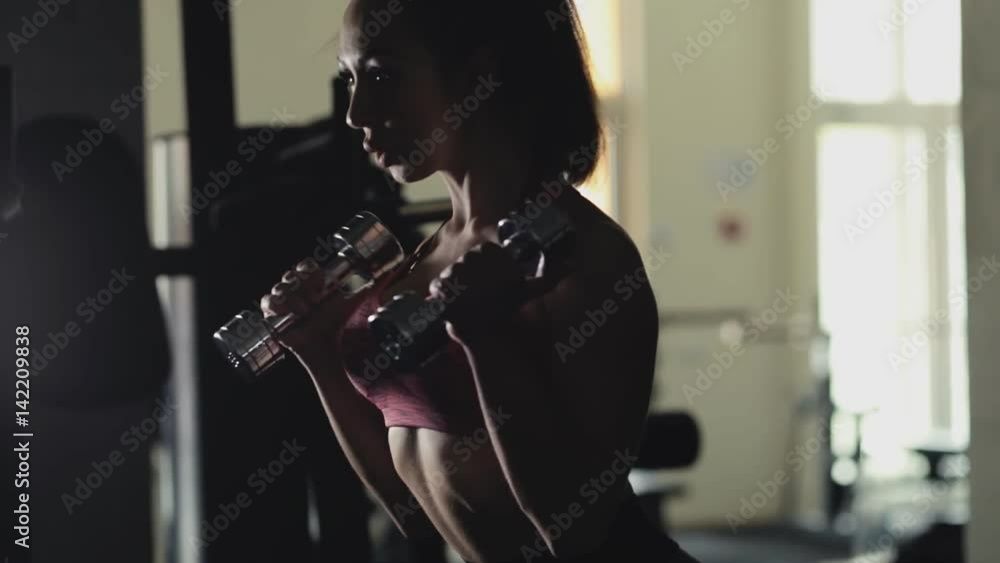 Sport woman lifting dumbbell in gym, biceps exercise Sport woman lifting dumbbell in gym, biceps exercise
