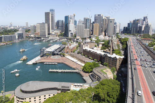 Sydney cityscape and Circular Quay, elevated view aerial from Sydney Harbour Bridge