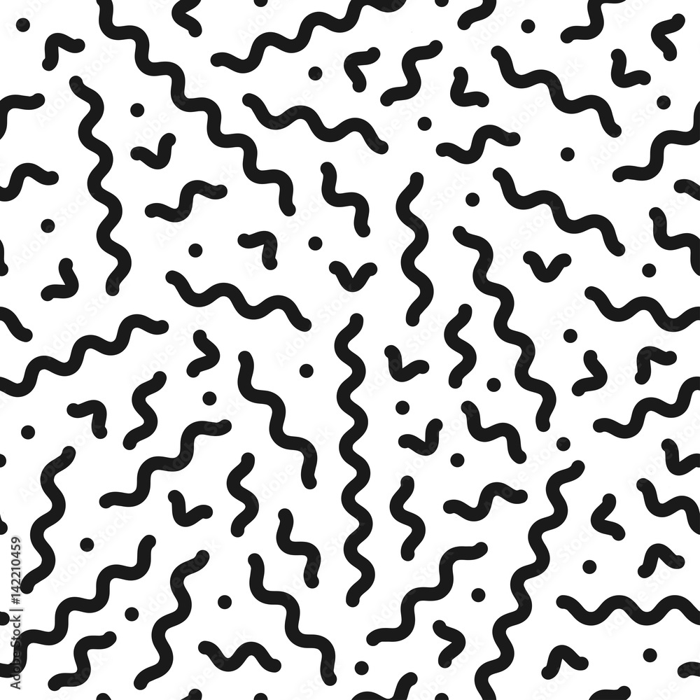 Retro memphis pattern - seamless background. Black curves mosaic texture.