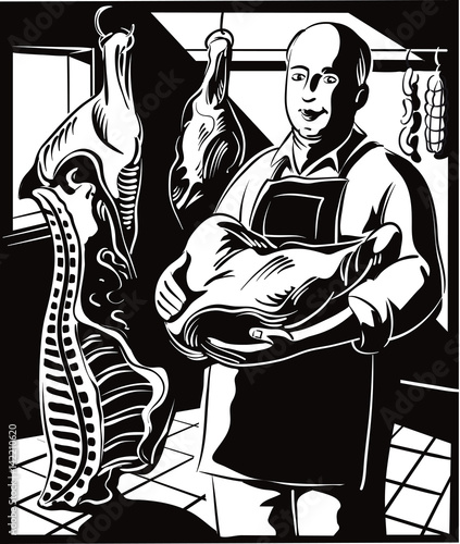 Butcher, carrying a large piece of meat, ready for sale.