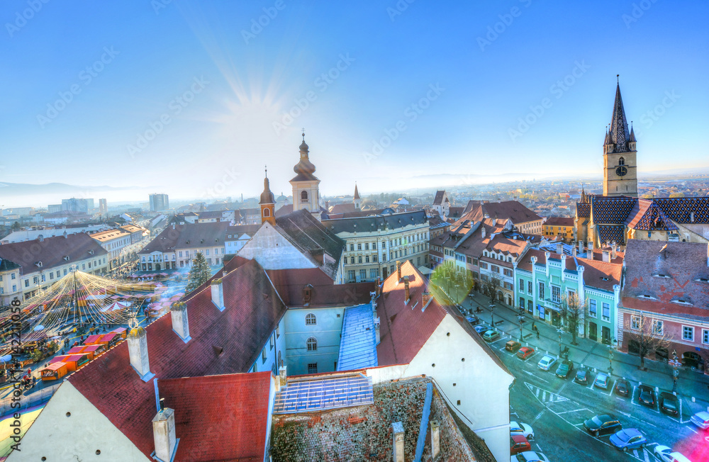 Aerial view over Sibiu market, cityscape from the church tower in Christmas season