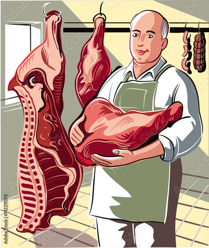 Butcher, carrying a large piece of meat, ready for sale.