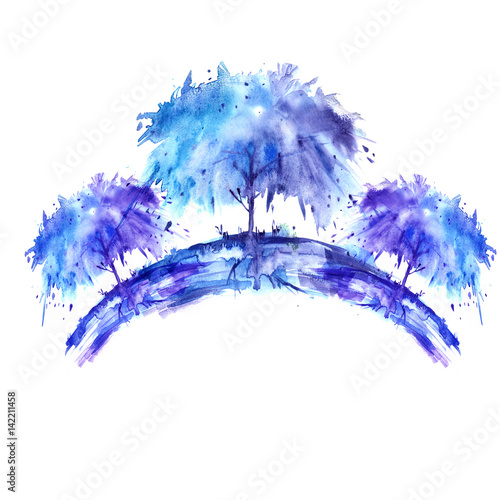 Watercolor drawing, element, logo, postcard. Blue trees in a circular ornament, in the center a place for an inscription.