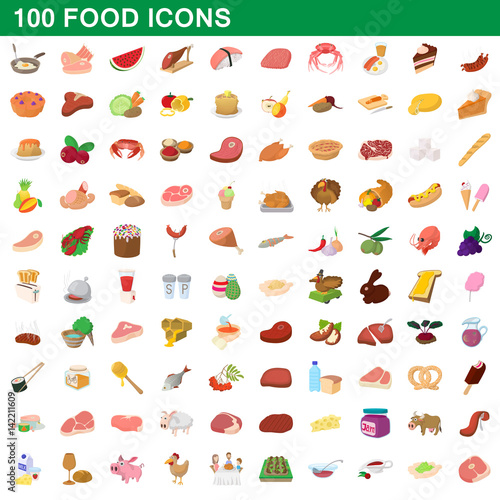 100 food icons set, cartoon style
