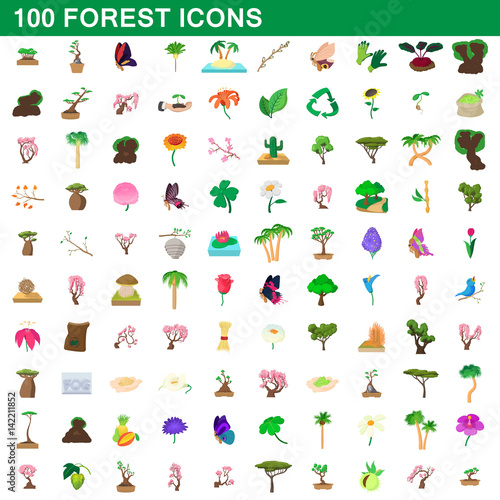 100 forest icons set  cartoon style