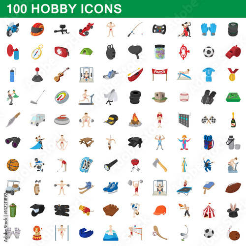 100 hobby icons set, cartoon style