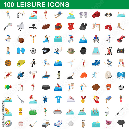 100 leisure icons set, cartoon style