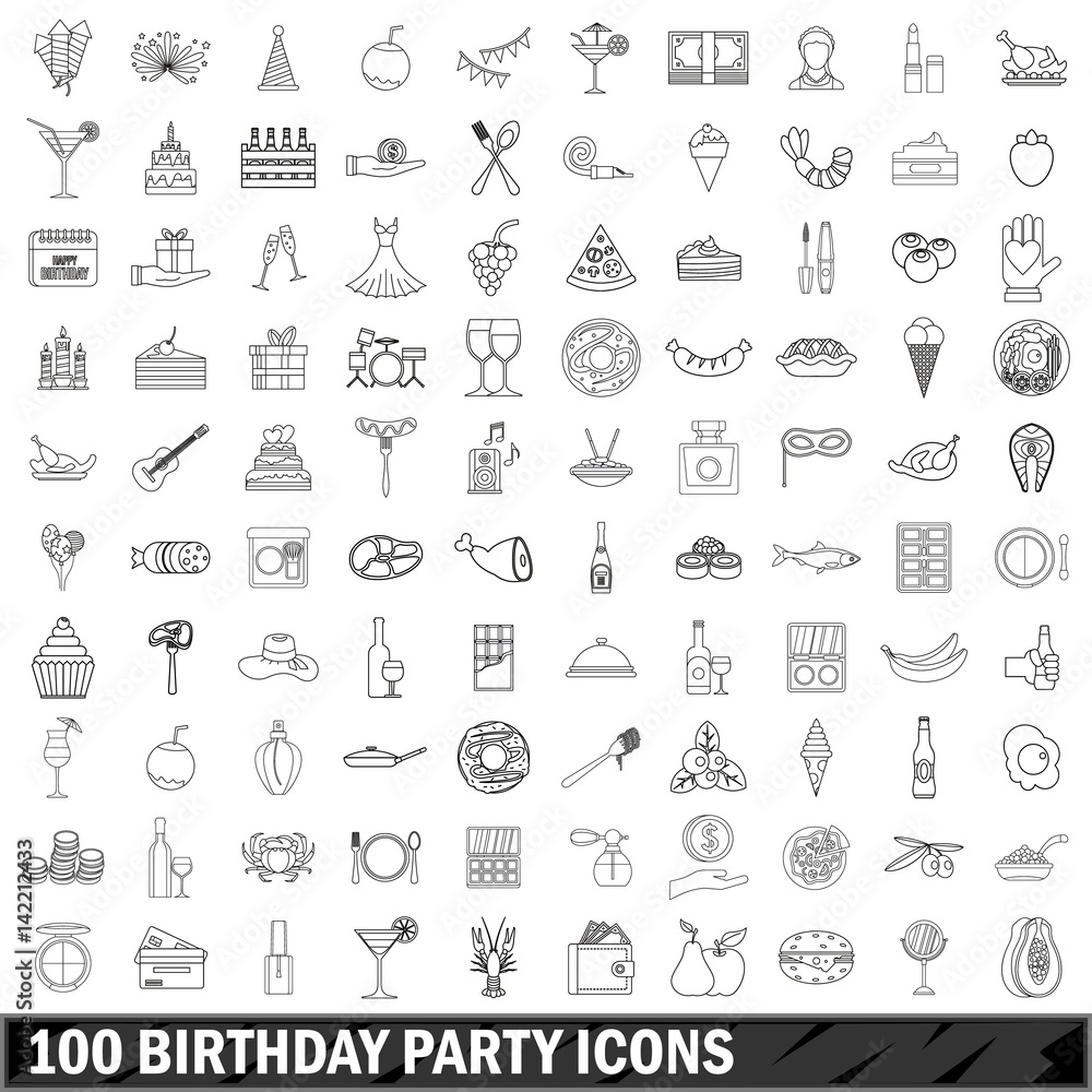 100 birthday party icons set, outline style