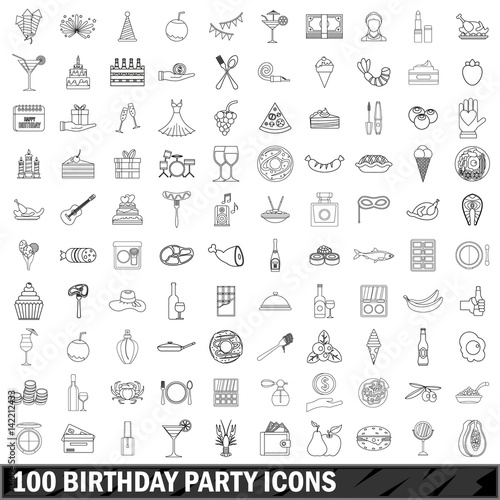 100 birthday party icons set  outline style