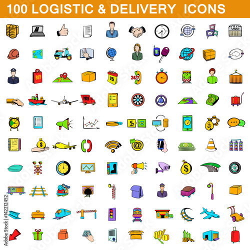 100 logistic and delivery icons set, cartoon style