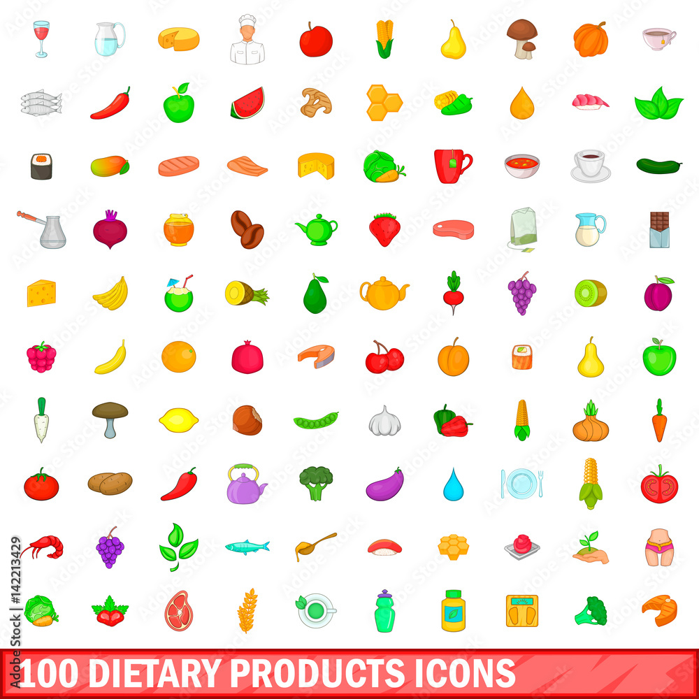 100 dietary products icons set, cartoon style