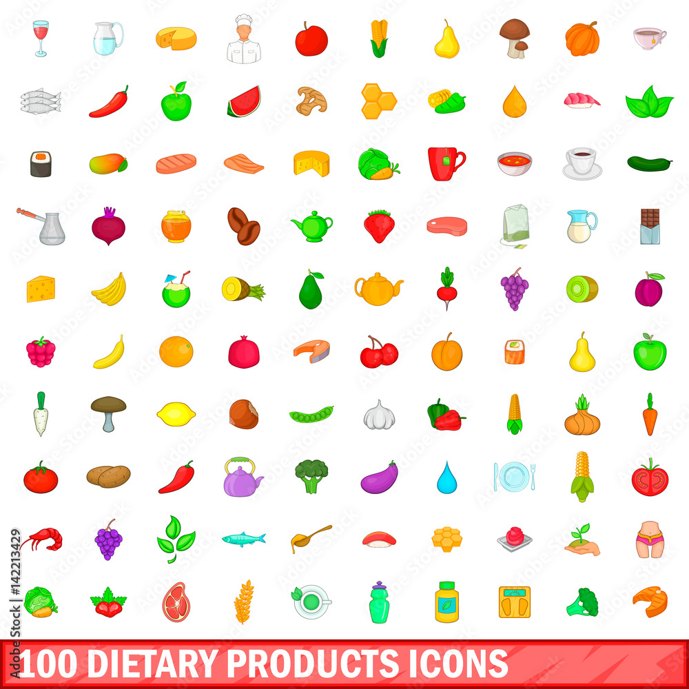 100 dietary products icons set, cartoon style 100 dietary products icons set, cartoon style