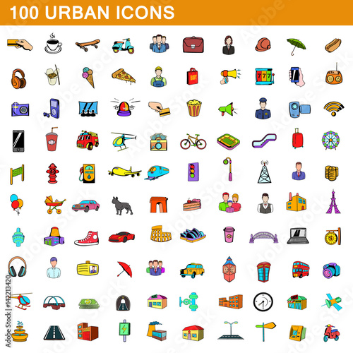 100 urban icons set, cartoon style 