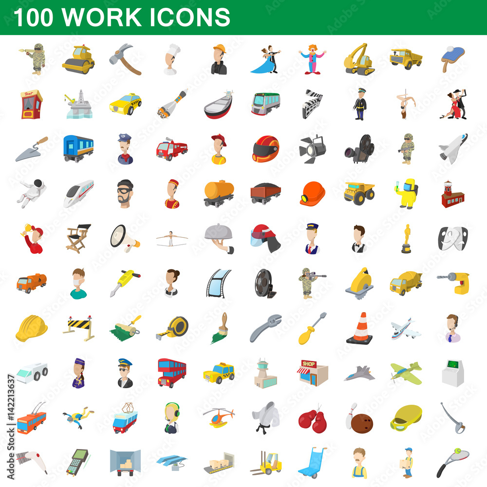 100 work icons set, cartoon style