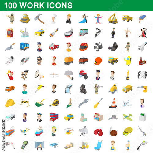 100 work icons set, cartoon style