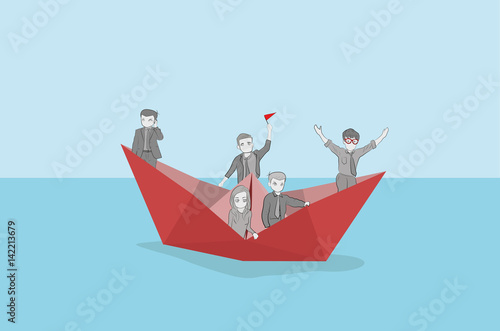 A team of businessmen on a paper ship. Hand drawn cartoon vector illustration for business design. vector illustration.