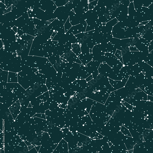 Vector seamless pattern with constellations on green chalkboard background. Astronomy scientific school background