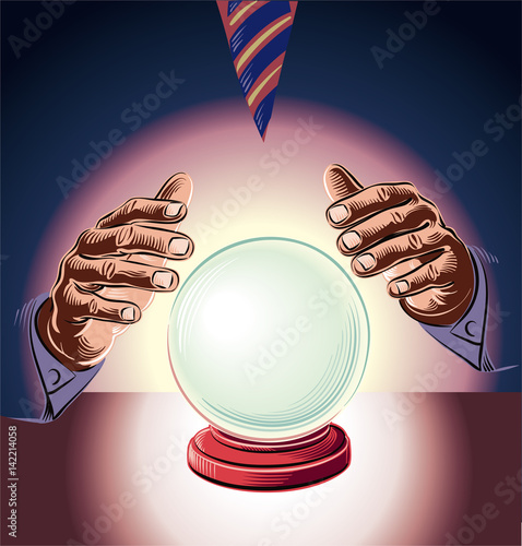 Manager consults the crystal ball. Metaphor of the impossibility to make rational decisions.