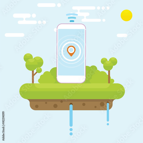 Floating island concept with cellphone and tree