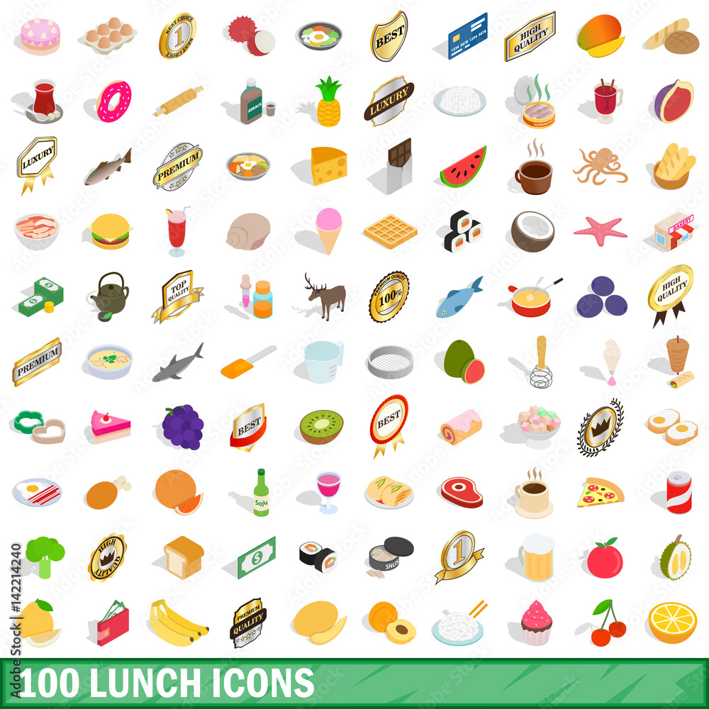 100 lunch icons set, isometric 3d style 100 lunch icons set, isometric 3d style