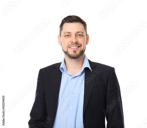 Confident young manager on white background