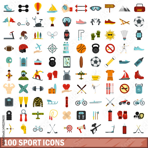 100 sport icons set, flat style