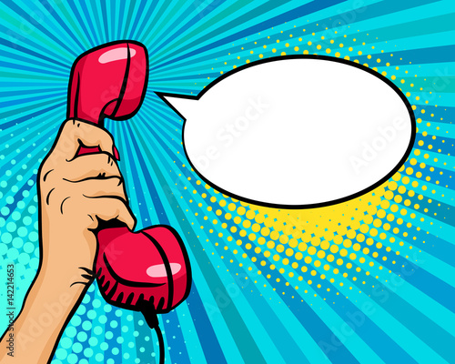 Pop art background with female hand holding old phone handset and empty speech bubble for your offer on halftone background. Vector colorful hand drawn illustration in retro comic style.