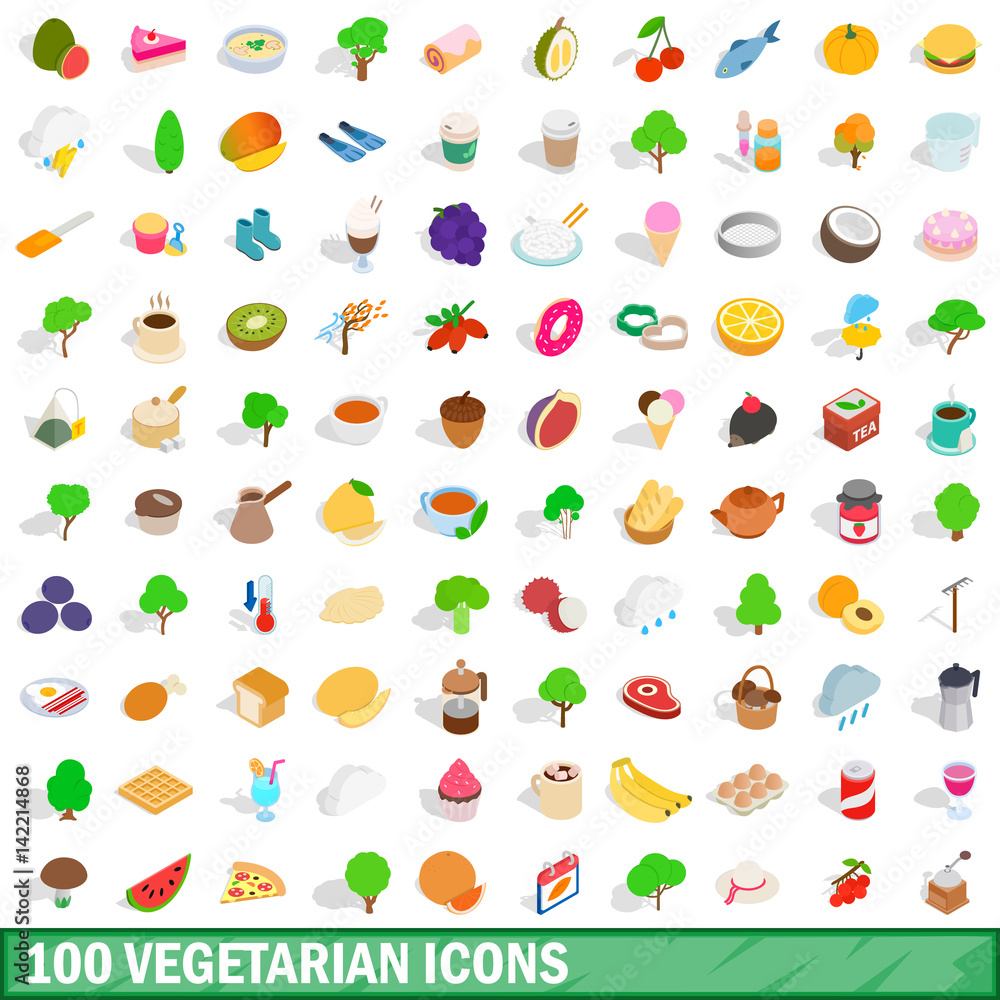 100 vegetarian icons set, isometric 3d style 100 vegetarian icons set, isometric 3d style