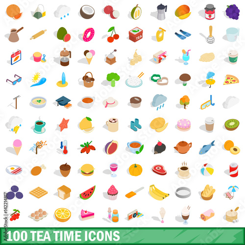 100 tea time icons set, isometric 3d style