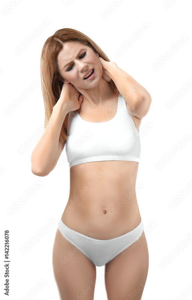 Young woman suffering from neck pain on white background Young woman suffering from neck pain on white background