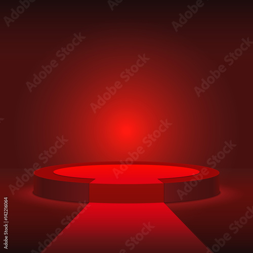Round stage podium illuminated with red light. Stage vector backdrop. Festive podium scene with red carpet for award ceremony on red background.