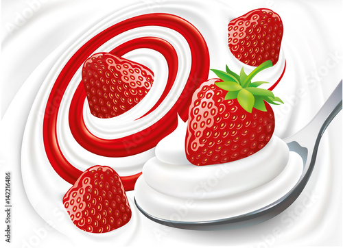 milk cream yogurt with fresh strawberry on spoon