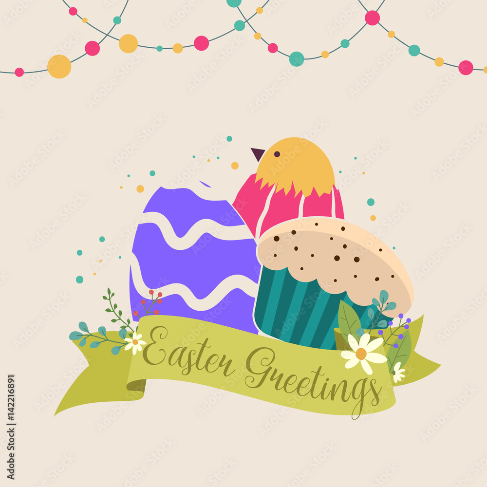 Happy Easter greetings card. Sweets, Easter eggs, the chick hatched from the egg
