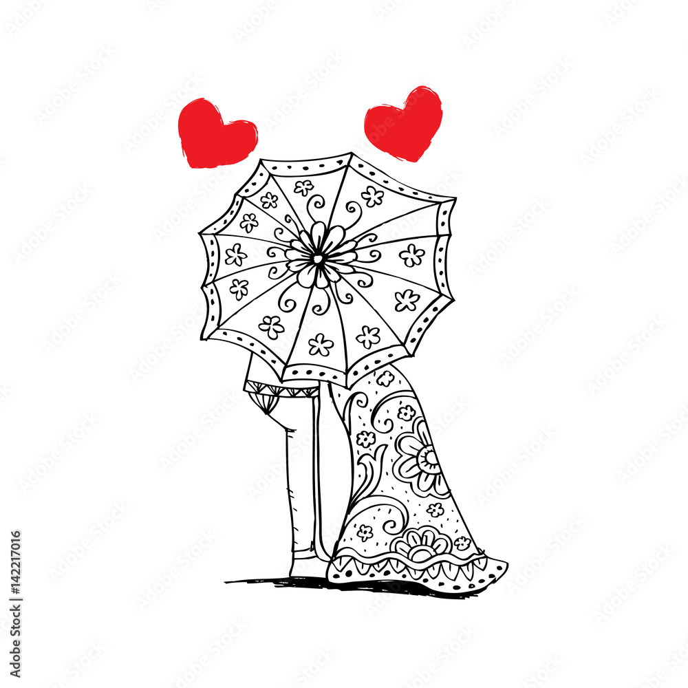 Obraz premium Couple under umbrella. Doodle style.