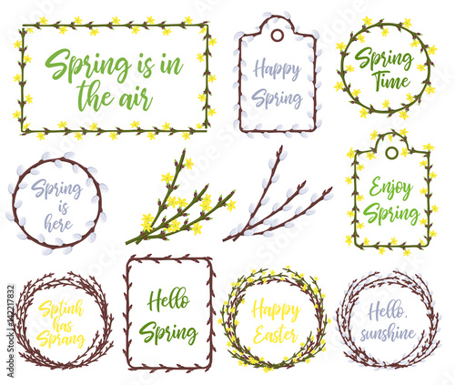 Calligraphy quote hello spring with willow branches circle wreath or frame. Handwritten lettering on white background isolated  modern brush pen lettering Vector illustration stock vector.