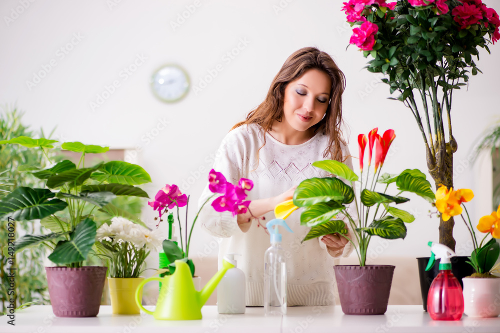 Young woman looking after plants at home Young woman looking after plants at home