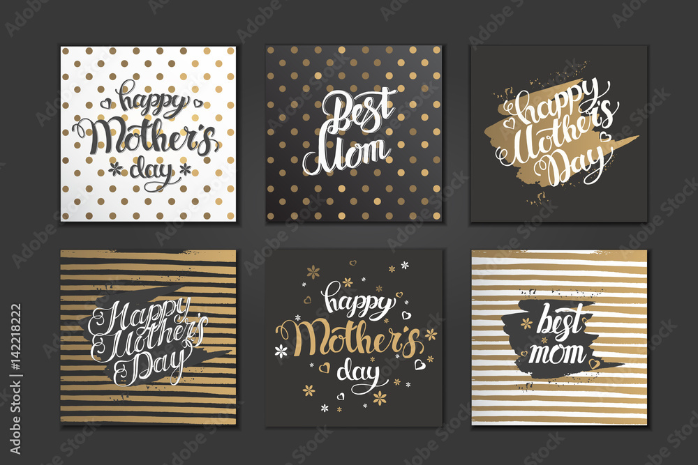 Set of postcards for Mother's Day. Vector hand written trendy lettering. Typographical design. Golden and black.