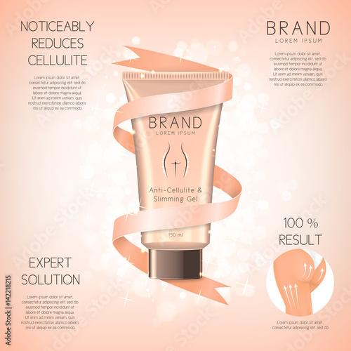 Design of banner with anti-cellulite cream in tube. Advertising of means for care of body skin for women. Concept of cosmetic cream. Vector illustration.