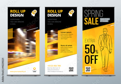 Roll Up banner stand. Presentation concept. Black Yellow Corporate business roll up template background. Vertical template billboard, banner stand flag design layout. Poster for conference forum, shop