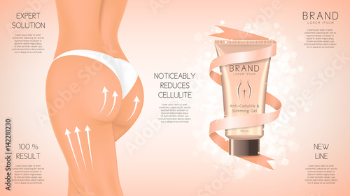 Design of web banner with anti-cellulite cream in tube. Advertising of means for care of body skin for women. Concept of cosmetic cream. Vector illustration.